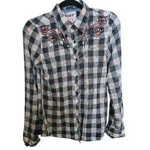 Roar Buckle Shirt Womens SZ‎ M Flip Cuff Black plaid peach rose Western Cowgirl